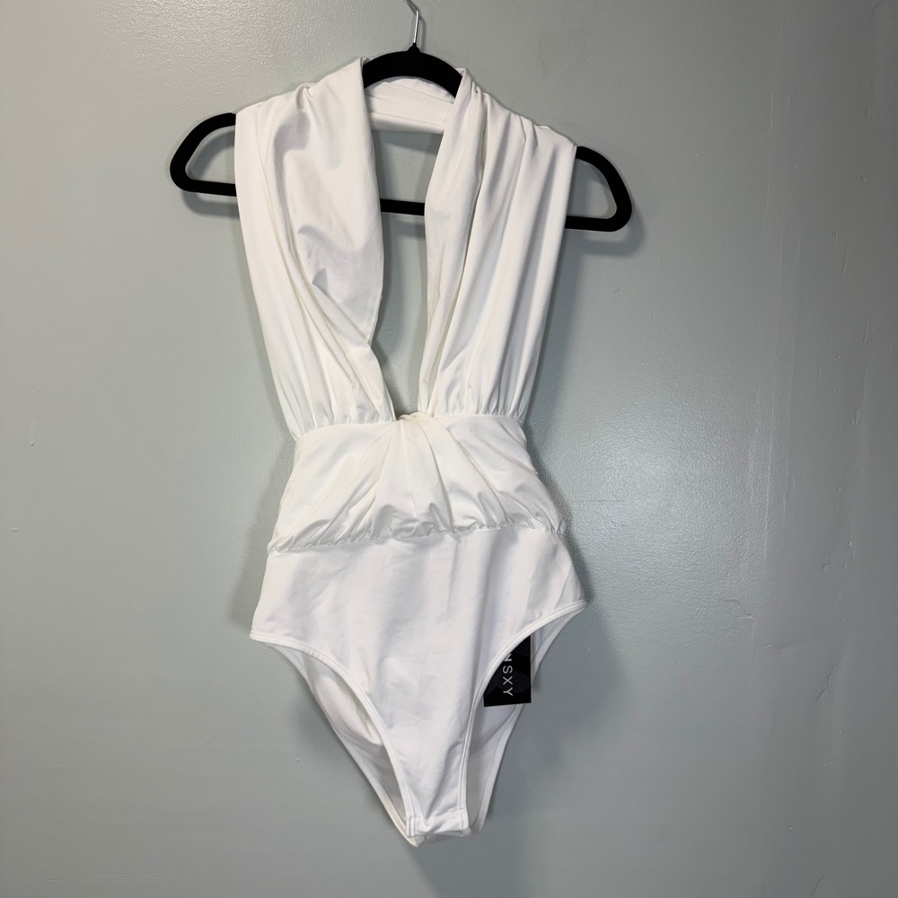 SHEIN SXY White Deep V Neck Halter Ruched Bodycon Bodysuit Large New